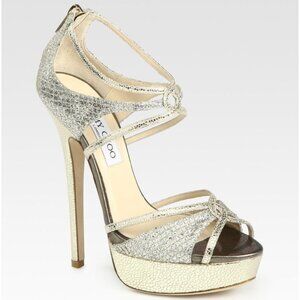 Jimmy Choo Heels Gold Silver Glitter Ankle Strap Platform Sandals Size 37.5